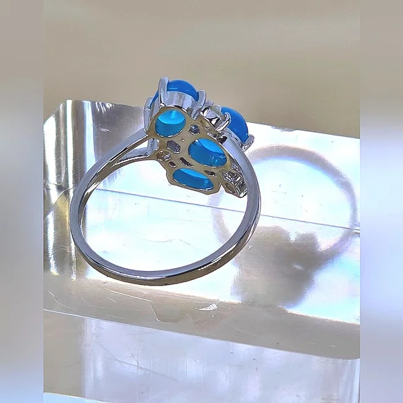 925 Sterling Silver Ring with Natural Oval Blue Opal 8x6mm & Fire Opal Gemstones - Picture 9 of 14